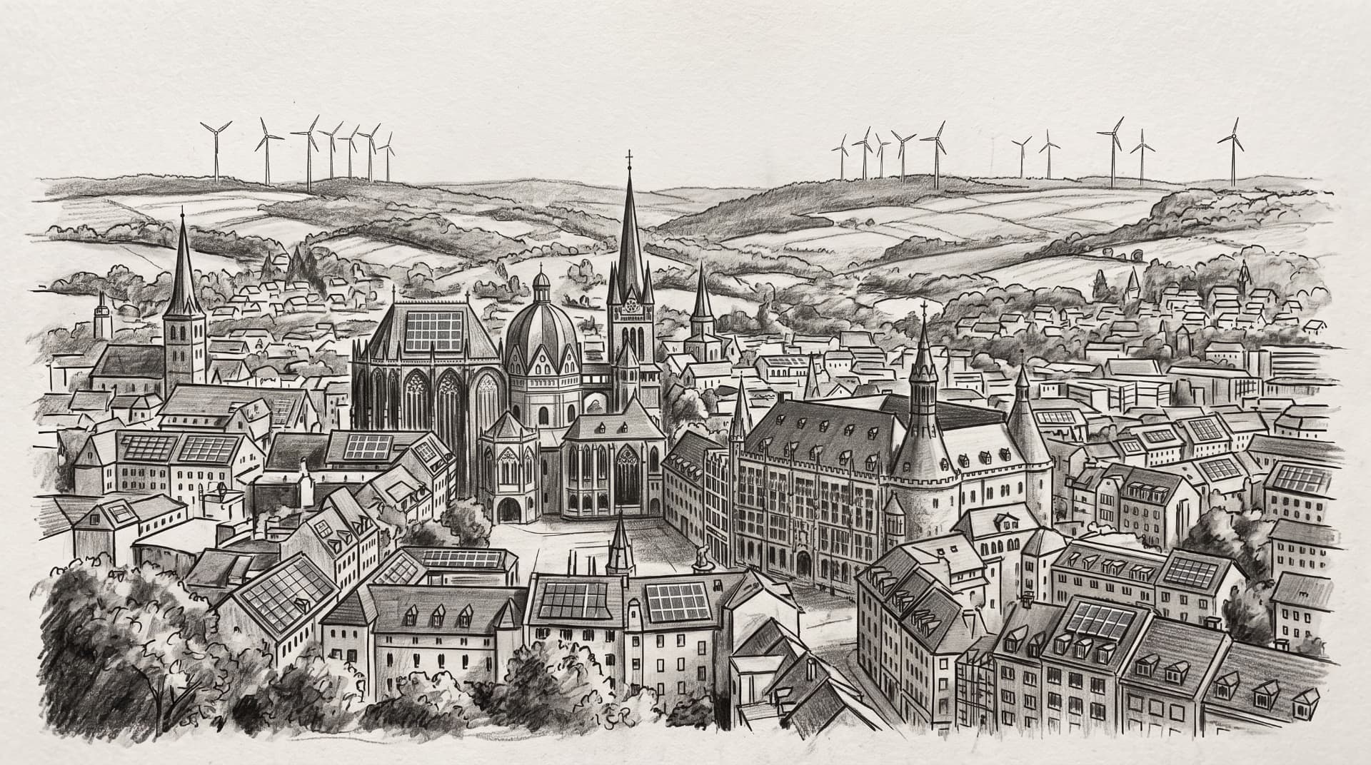 Pencil drawing of Aachen with cathedral, rooftop solar panels and wind turbines on the horizon
